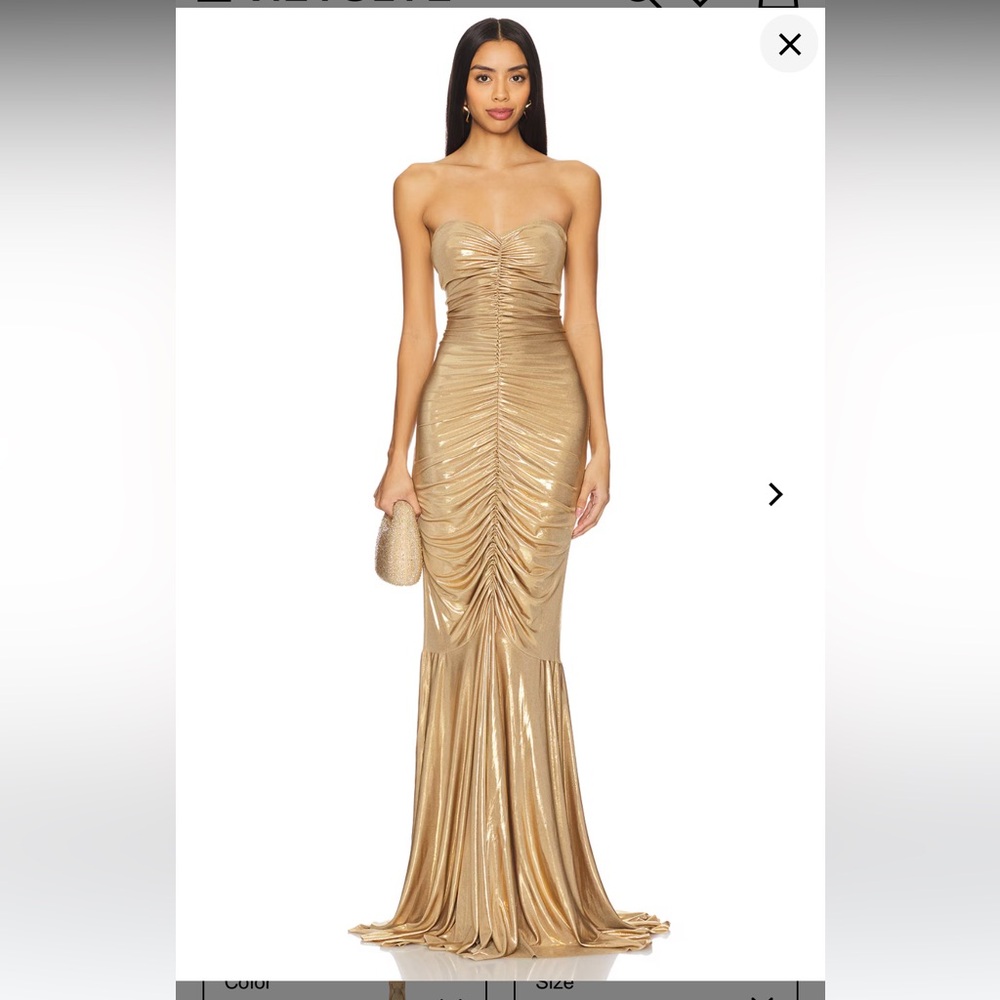 NWOT Norma Kamali Strapless Sweetheart Shirred Front Fishtail Maxi Dress GOLD